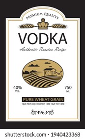 template vodka label with royal crown, field and ears of wheat in retro style