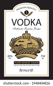 template vodka label with royal crown, field and ears of wheat in retro style