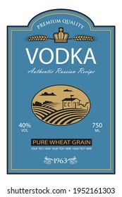 template vodka label with royal crown, field and ears of wheat in retro style
