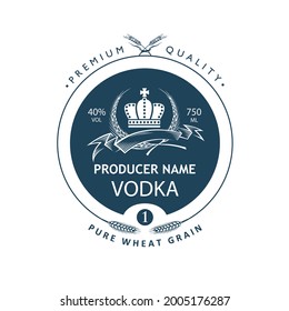 etiqueta de vodka de plantilla con corona real y orejas de trigo en estilo retro