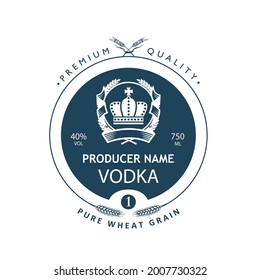 etiqueta de vodka de plantilla con corona real y orejas de trigo en estilo retro