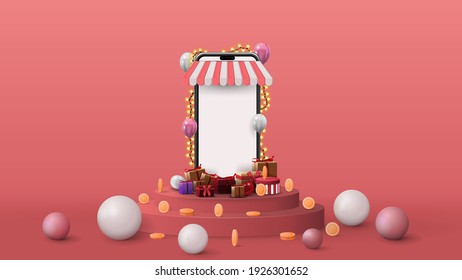 Template with volumetric smartphone with blank screen, presents, coins and 3D spheres on pink podium. 3d render illustration with pink abstract scene