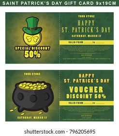 Template of voucher card for St. Patrick's Day sale with 50% special discount. Vector design