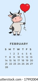 Template for a Wall calendar for 2021. The year of the ox in the Eastern Chinese calendar. Cute character ox, bull or cow. Ready-to-print poster. Flat design.