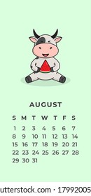 Template for a Wall calendar for 2021. The year of the ox in the Eastern Chinese calendar. Cute character ox, bull or cow. Ready-to-print poster. Flat design.