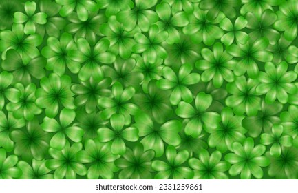 Template of wallpaper with 3d realistic green clovers pattern. Vector banner with trefoil as an Irish symbol, sign of luck. Background with shamrock for Saint Patrick Day