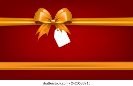 Template of wallpaper with golden realistic 3d bow with silk horizontal ribbon and paper label tag on red background with copy space for text. Banner with yellow bow knot as holidays gift box decor