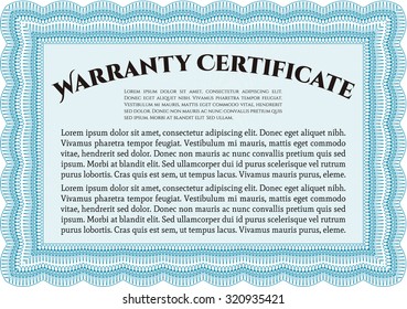 Certificado de garantía de plantilla. Incluye antecedentes. Diseño de borde complejo. Ilustración vectorial. 