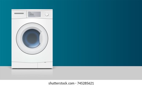 Template with washing machine for advertisement on horizontal long backdrop. Icon of realistic white washing machine, front view. 3D illustration with place for text