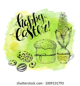 Template watercolor card. Vector handwritten inscription Happy Easter. Modern ink calligraphy. Black and white. Vintage background with engraving flower, eggs and cake. Isolated Sketch.