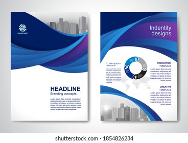Template wave vector design for Brochure, Annual Report, Magazine, Poster, Corporate Presentation, Portfolio, Flyer, infographic, layout modern with blue color size A4, Front and back, Easy to use and edit.