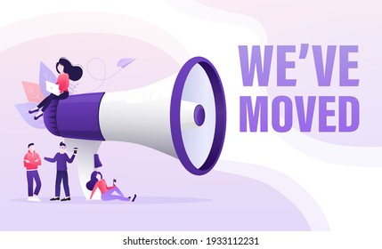 Template with we have moved man holding megaphone on white background for flyer design. Vector illustration in flat style.