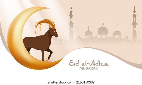 Vorlage für Web-Banner an arabischen heiligen Festival Eid Al Adha. Design Elemente mit Liegen für den Muslim Urlaub. Optimaler Widder mit goldenem Halbmond auf Moschee-Silhouette-Hintergrund. Vektorgrafik