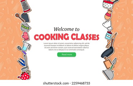Plantilla de banner web con un patrón ininterrumpido de color beige, utensilios de cocina de dibujos animados, botón verde y texto - Bienvenido a clases de cocina. Fondo de escritorio con cursos culinarios publicitarios para sitio web o aplicación móvil