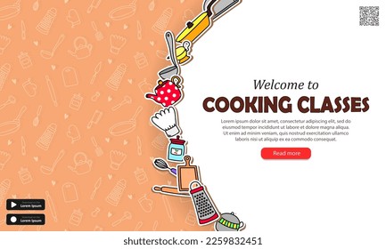 Plantilla de banner web con un patrón ininterrumpido de color beige, caricatura, código qr, botones y texto - Bienvenido a clases de cocina. Fondo de escritorio con cursos culinarios publicitarios para sitio web o aplicación móvil