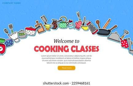 Template of web banner with blue seamless pattern, cartoon kitchenware and text - Welcome to cooking classes. Wallpaper with culinary courses advertising. Layout of landing page for masterclass