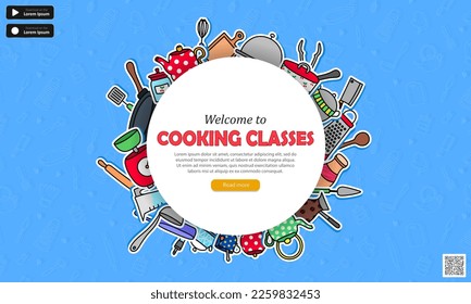 Template of web banner with blue seamless pattern, cartoon kitchenware, qr code, buttons and text - Welcome to cooking classes. Wallpaper with culinary courses advertising for website or mobile app