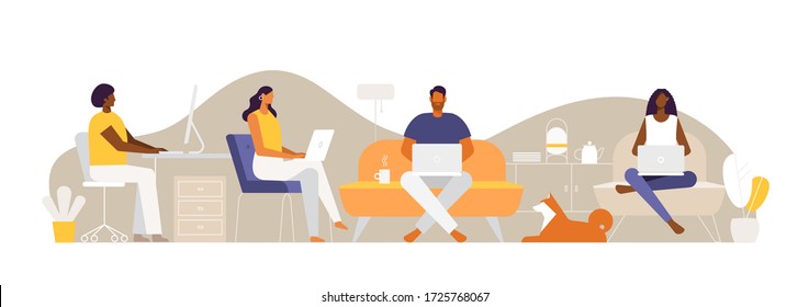 Template for web banner in flat design. Freelance people work and study together. Business teamwork concept. Vector illustrations, white background isolated 