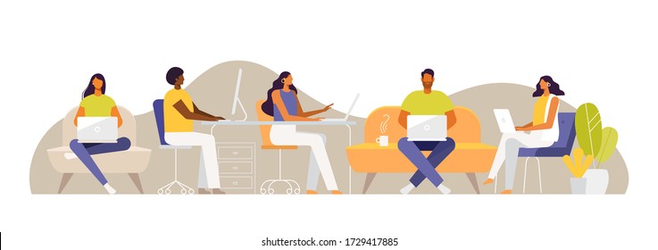 Template for web banner in flat design. Freelance people work and study together. Business teamwork concept. Vector illustrations, white background isolated 