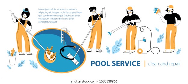 Template for a web banner or landing page. Swimming pool service worker with net cleaning water. Pool and outdoor cleaning, swimming pool service company. Cleaning service concept design. Infographic 