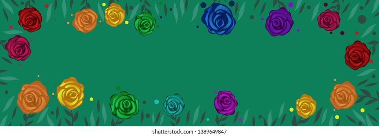 Template for web banner with multicolored roses. Vector frame of roses and leaves.