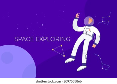 Template, web banner. Space exploration. Astronaut in space. Hand drawn vector illustration isolated on blue background