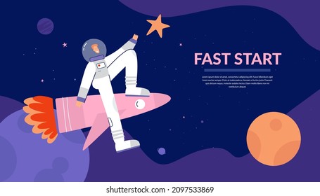 Plantilla, banner web. Espacio, inicio rápido. Un astronauta sobre un cohete explora el espacio. Ilustración vectorial dibujada a mano aislada en fondo azul