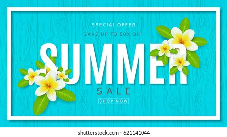 Template of web banner for summer sale. Beautiful background with plumeria flowers on blue wooden texture. Vector illustration. 