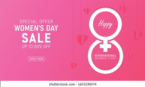 Template Web Design or Banner Design,  Special Offer Up To 80% Women's Day Sale, With 8 March Logo and Love Icon