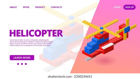 Plantilla para web con helicóptero montado a partir de bloques de plástico en estilo isométrico para impresión y diseño. Ilustración vectorial.