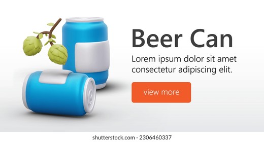 Template for web page about cans. Metal portioned cans for alcoholic beverages. Horizontal banner with colored 3D elements. Editable text, bright view more button