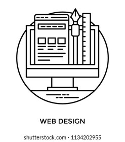 Template of web page along with designing tools, together melding concept for web design icon 