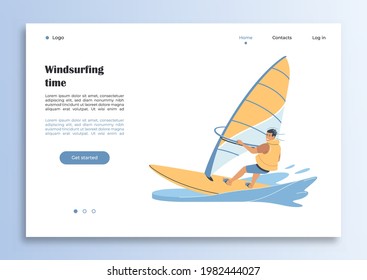 Template web page with isolated summer illustration. Young man riding in windsurfing the sea. Outdoor activities . Colorful flat vector illustration.