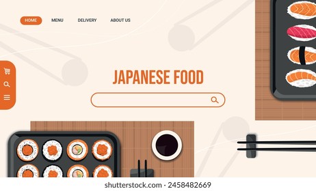 Template web page of Japanese cuisine restaurant. Asian food, rolls and sushi with chopsticks. Vector