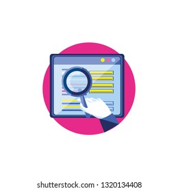 template web page with magnifying glass and hand
