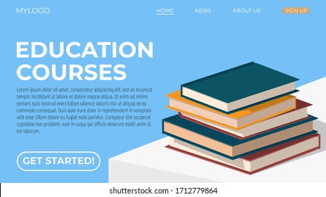 Template for a web page on the topic of education courses, training or reading books. It can be used for a website or banner. A vector illustration contains a stack of books with different covers.