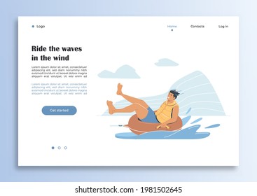 Plantilla para una página web con una ilustración de verano. Un joven montando un círculo inflable en las olas. Activa recreación en el agua. Ilustración de vector plana colorida.