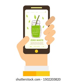 Template for web page with Zero waste concept. No plastic elements of eco life: reusable paper,  glass, jars. Vector go green, bio logo or sign. Organic design phone