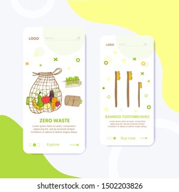 Template for web page with Zero waste concept. No plastic elements of eco life: reusable paper, wooden, fabric cotton bags. Vector go green, bio logo or sign. Organic design