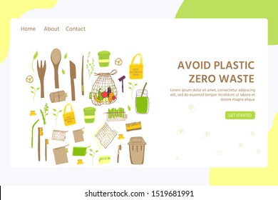 Template for web page with Zero waste concept. No plastic elements of eco life: reusable paper, wooden, fabric cotton bags. Vector go green, bio logo or sign. Organic design