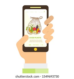 Template for web page with Zero waste concept. No plastic elements of eco life: reusable paper,  glass, jars. Vector go green, bio logo or sign. Organic design phone