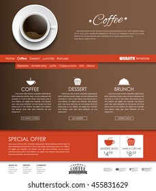 Template Web Site brown with red buttons and a cup of black coffee, top view. The menu for the cafe, shops and restaurants. Vector illustration.