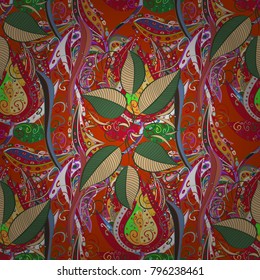 Template for web, textile, print design. Cute leaves on orange, green and red colors. Summer illustration. Vector illustration. Seamless tropical vector pattern with palm leaves.
