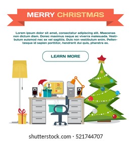 Template webpage about Christmas. Workplace interior vector flat style illustration. New Year office desk, laptop, christmas tree, lamp, gifts