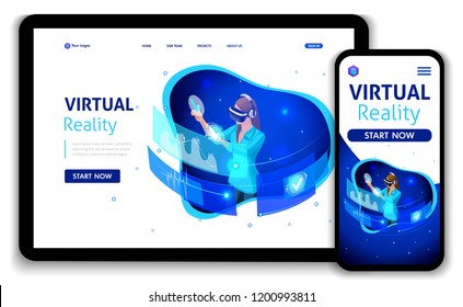 Template Website Business design. Isometric concept business woman work, Augmented reality, time management. Easy to edit and customize, Responsive.