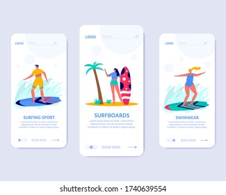 Template for website, Concept of people surfing with surfboards. Young people enjoying vacation on the sea, ocean. Landing page of summer sports and leisure outdoor activities, walking. Flat vector