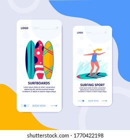 Template for website, Concept of people surfing with surfboards. Young people enjoying vacation on the sea, ocean. Landing page of summer sports and leisure outdoor activities, walking. Flat vector