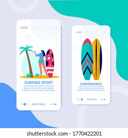 Template for website, Concept of people surfing with surfboards. Young people enjoying vacation on the sea, ocean. Landing page of summer sports and leisure outdoor activities, walking. Flat vector