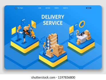 Template Website design. Isometric concept working with Delivery service. Express delivery, online order, call center. Easy to edit and customize landing page uiux