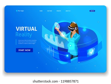 Template Website design. Isometric concept business woman work, Augmented reality, time management. Easy to edit and customize